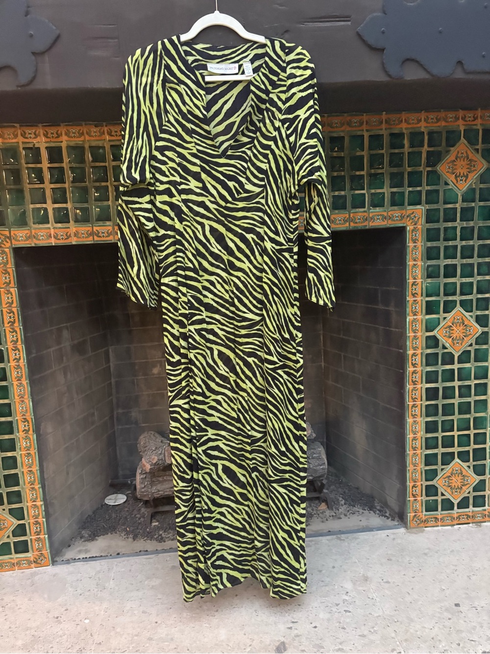 Vintage Victoria Secret Neon Green and Black Zebra Wrap Maxi Dress/ Coverup